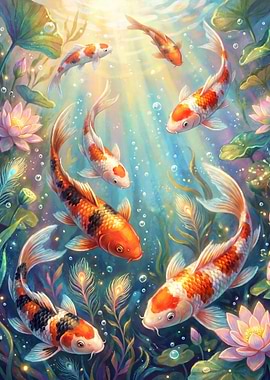 Koi Fish and Lotus Flowers