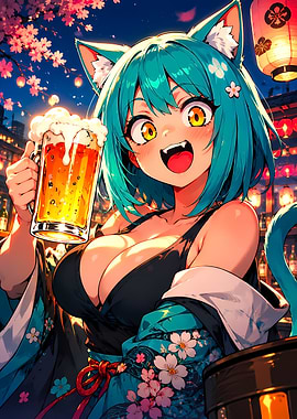 Anime Cat Girl with Beer