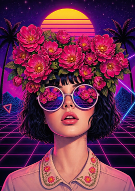 Retro Woman with Flower Crown