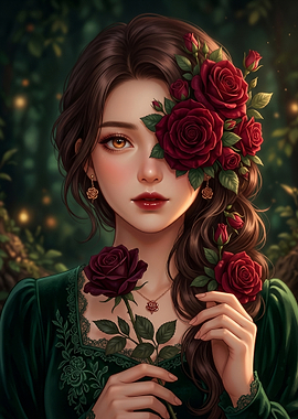Beautiful Anime Girl with Red Roses Romantic Aesthetic Portrait