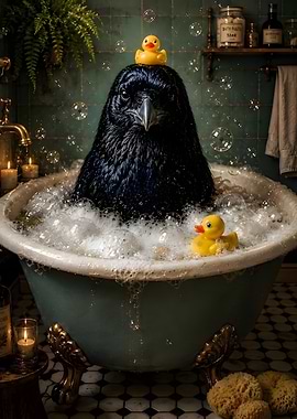 Raven in a Bathtub with Rubber Ducks