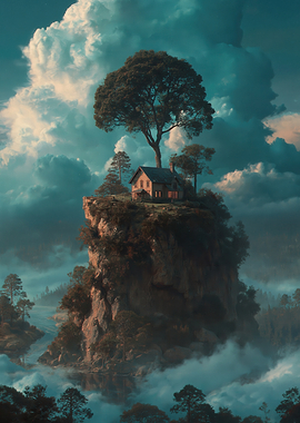 Surreal House on a Cliff in the Clouds