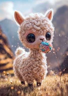 Cute Fluffy Alpaca with Colorful Pom-pom
