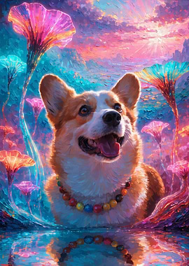 Corgi in a fantasy floral landscape