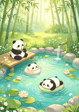Cute Pandas in a Bamboo Forest Pond