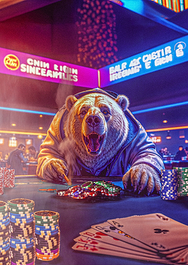 Bear playing poker in a casino