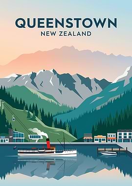 Queenstown New Zealand Vintage Poster
