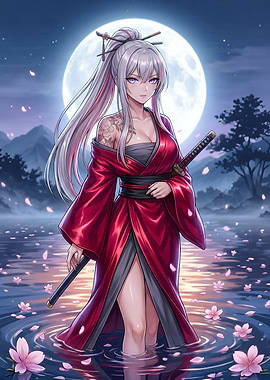 Samurai Woman in Red Kimono by Full Moon