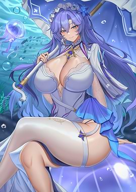 Anime Girl with Blue Hair and Umbrella