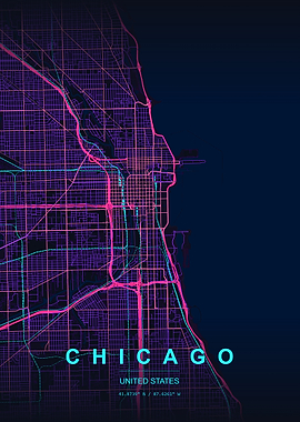 Chicago City Map Neon Art