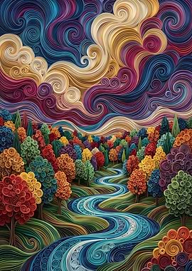 Whimsical Quilled Landscape with Winding River
