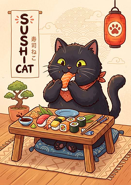 Black Cat Eating Sushi