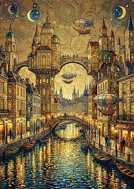 Steampunk Cityscape at Night