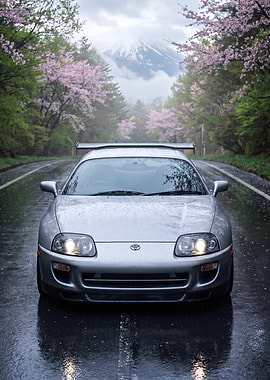 Toyota Supra mk4 with Mount Fuji and Cherry Blossoms