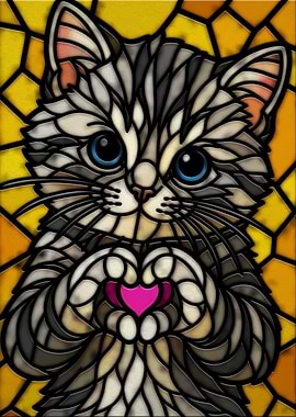 Stained Glass Cat Holding Heart