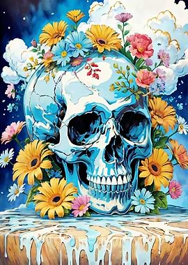 Skull adorned with vibrant flowers