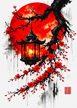 Japanese Lantern with Cherry Blossoms