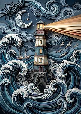Guiding Light - 3D Paper Cut Style Lighthouse & Ocean Waves
