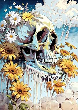 Skull with Flowers and Drips