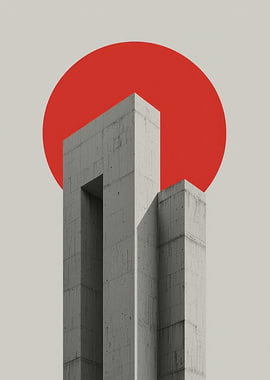 Minimalist Concrete Tower and Red Circle - Brutalist Architecture