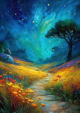 Enchanted Night Landscape with Starry Sky