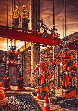 Robots and construction workers on site