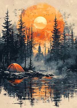 Camping by the lake at sunset