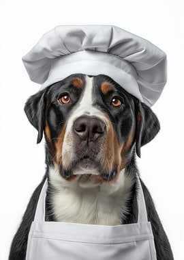Chef Greater Swiss Mountain Dog in Chef Hat and Apron