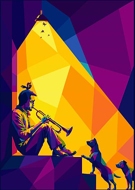 Musician and Dogs in Geometric Style