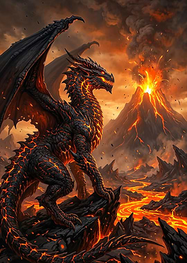 Black Dragon in a Volcanic Landscape