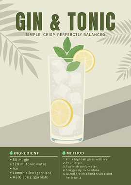 Gin & Tonic Cocktail Poster – Minimalist Gin Drink Art in Fresh Botanical Style