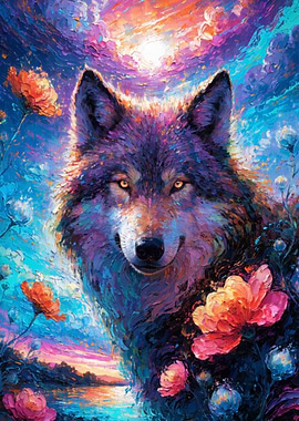 Vibrant Wolf Amidst Flowers
