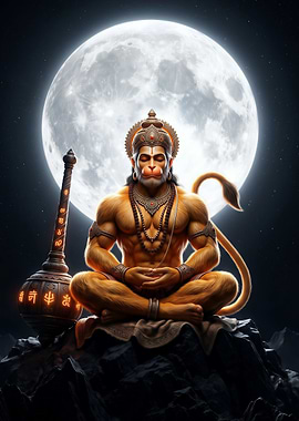 Divine Hanuman Meditation Under Full Moon – Spiritual Art