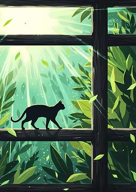 Black cat walking on a wooden beam in a sunlit forest
