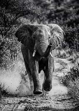 Elephant charging through dust
