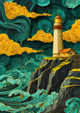 Textured Lighthouse Cliff Ocean Waves