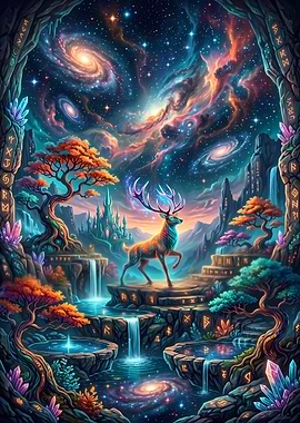 Enchanted Forest with Cosmic Sky and Stag