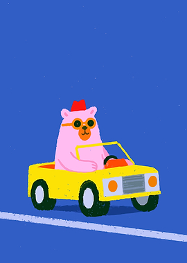 Pink bear driving a yellow car