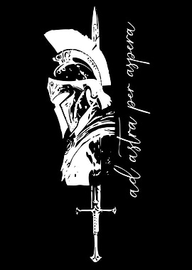 Knight's Helmet and Sword with Latin Phrase