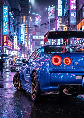 Blue Nissan GT-R r34 in Neon cyberpunk Tokyo