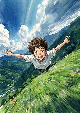 Boy soaring over a green mountain landscape