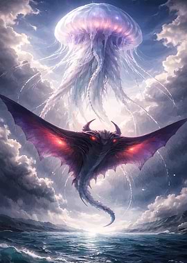 Giant Jellyfish and Dragon Over Ocean