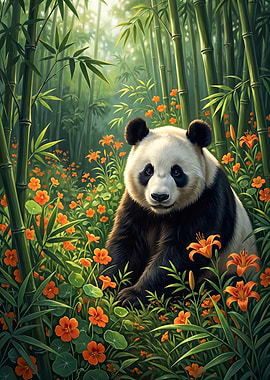 Panda in a Bamboo Forest with Orange Flowers