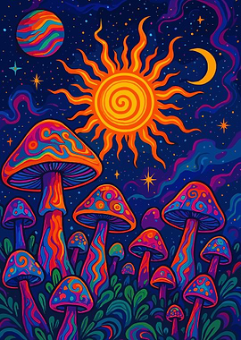 Psychedelic Mushroom Poster, Trippy Space Wall Art, Cosmic Night Sky Fantasy Print