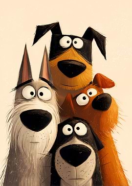 Four Cartoon Dogs with Big Eyes