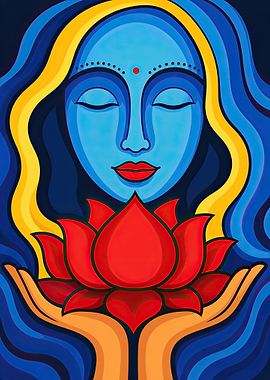 Blue Goddess Holding Lotus Flower