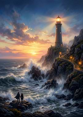 Couple at Lighthouse at Sunset