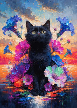 Black Cat Surrounded by Vibrant Flowers