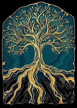Golden Tree of Life on Teal Desgin