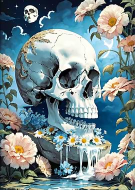 Skull surrounded by flowers